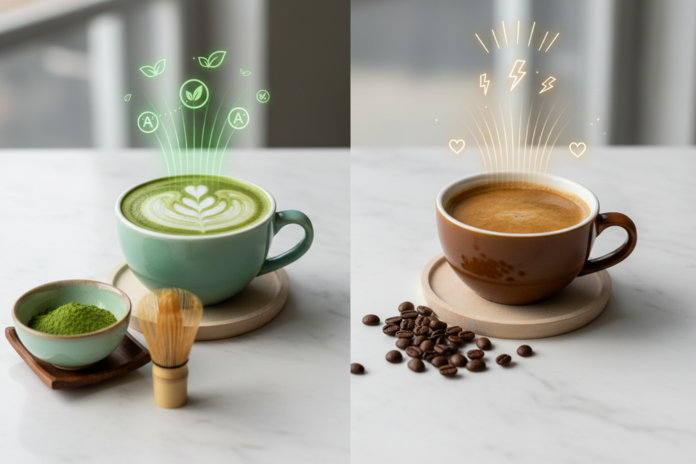 Cafea sau Matcha? Comparația completă a beneficiilor. De la antioxidanți la L-teanină, vezi care băutură se potrivește mai bine stilului tău de viață activ.