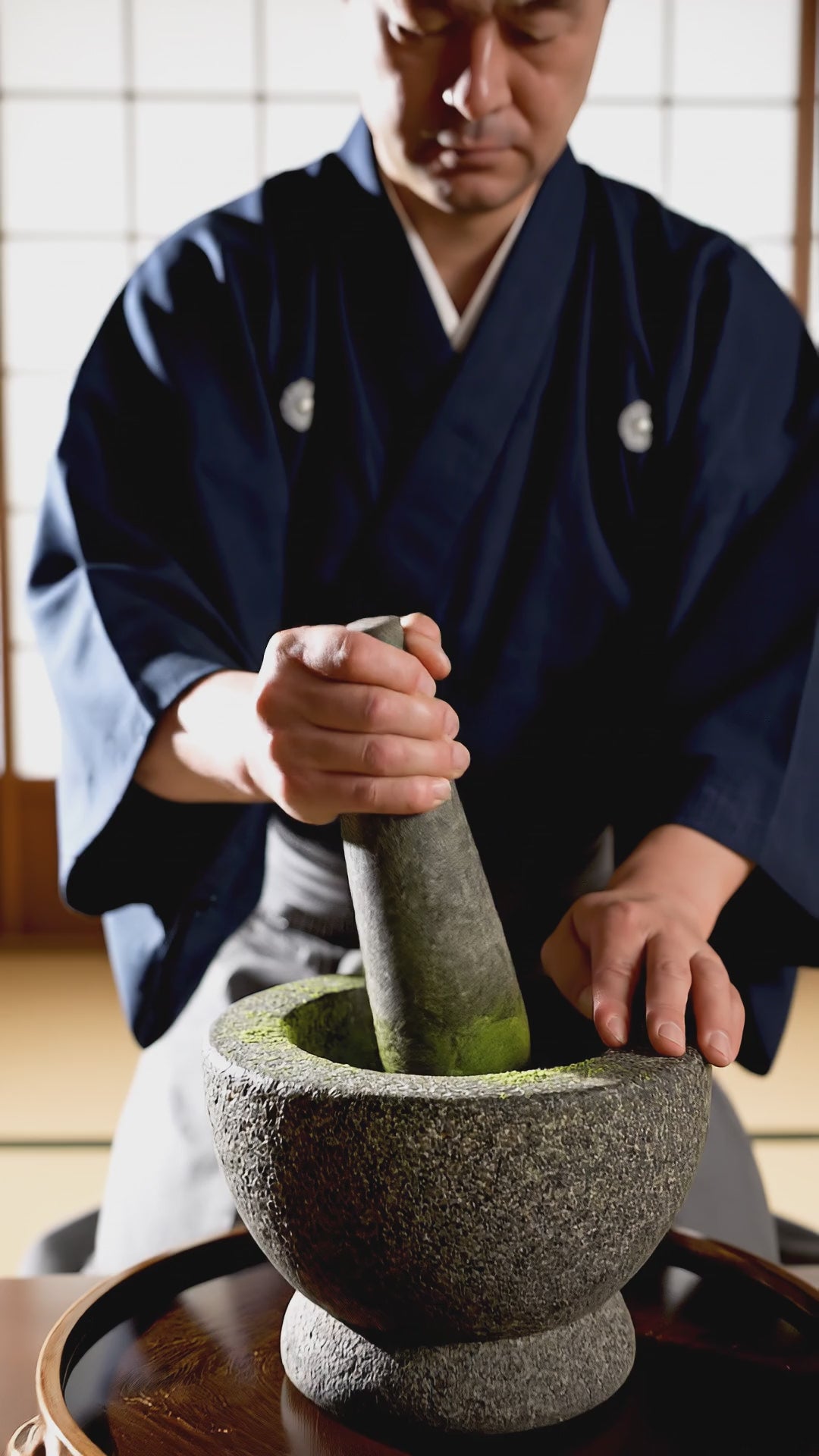 Maestru japonez care pisează matcha 